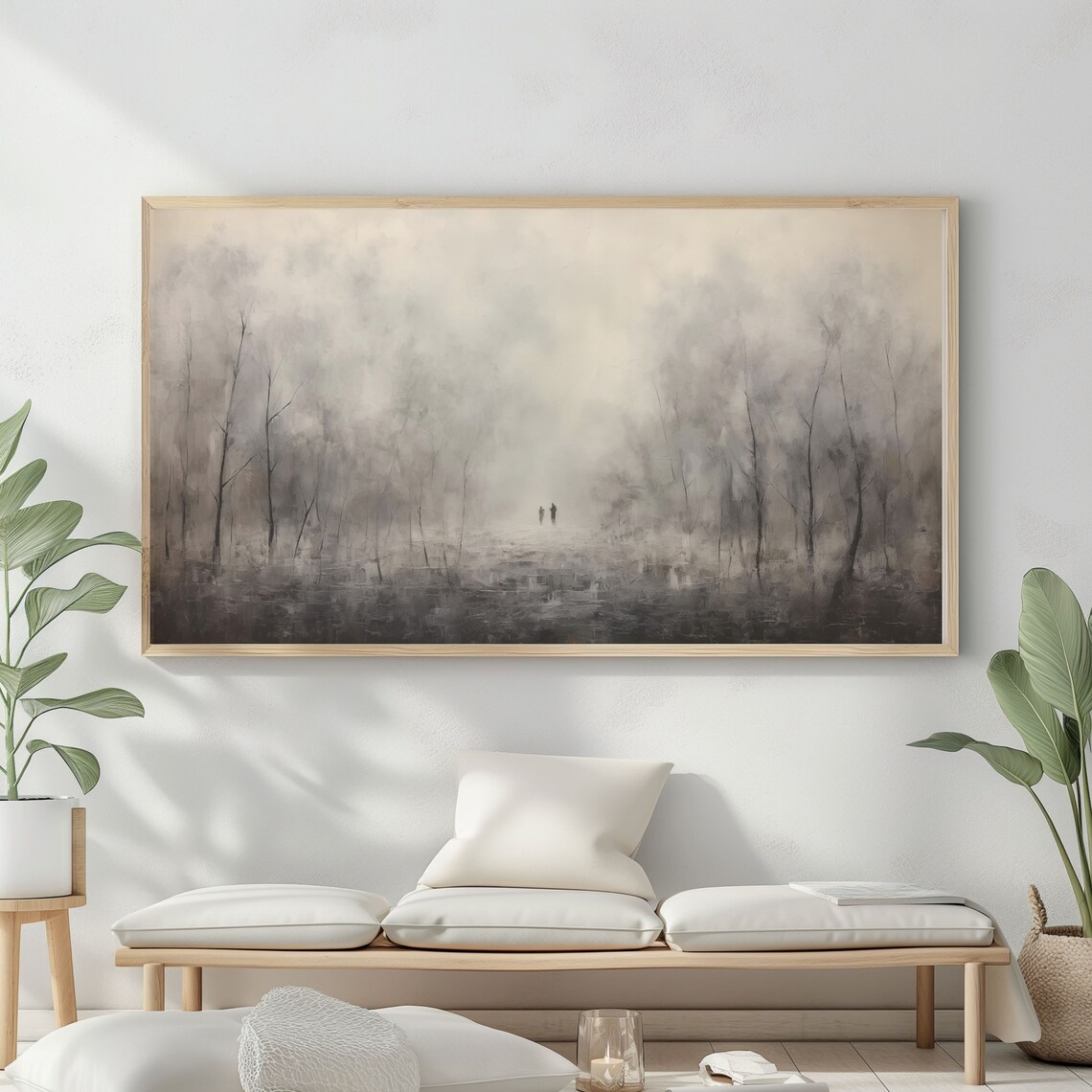 Moody Foggy Forest Two Figures Walking Gray Mysterious Atmosphere Oil Painting Poster - Image 2