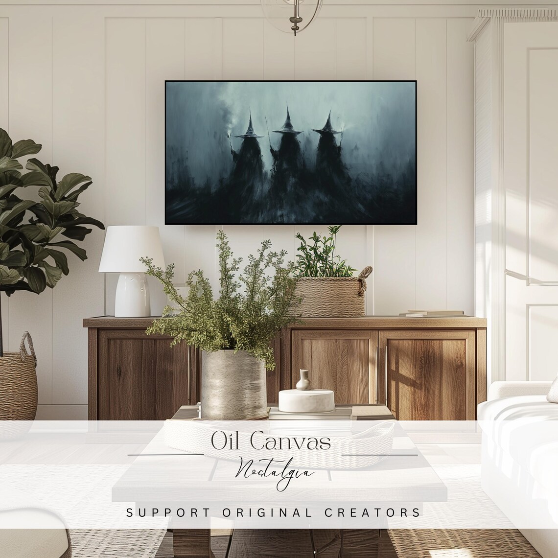 Mysterious Witches Dark Hats Foggy Teal Night Moody Halloween Wall Art - Image 3