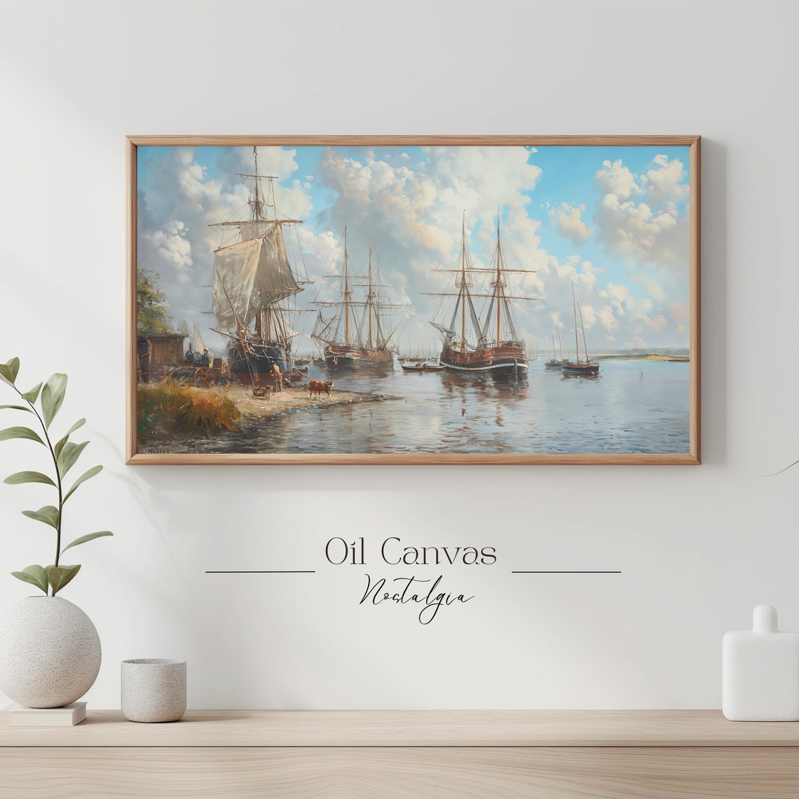 Tall Ships Anchored Harbor Classic Sailing Vessels Maritime Oil Poster - Image 3
