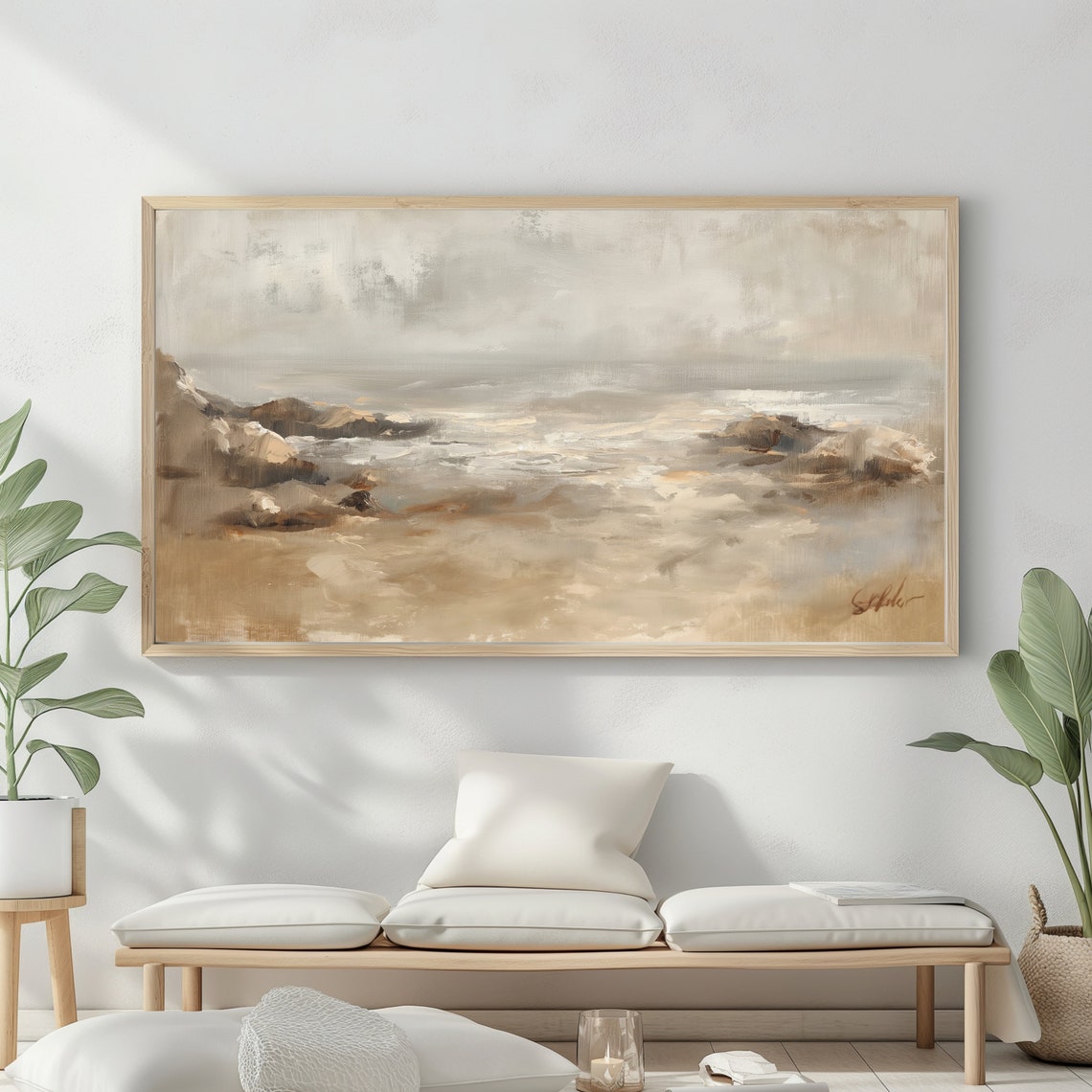 Neutral Beige Beach Seascape Soft Waves Muted Coastal Wall Art - Image 2