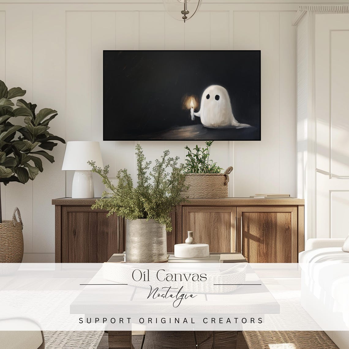 Cute Ghost Holding Candle Dark Minimalist Halloween Spooky Art Poster - Image 3