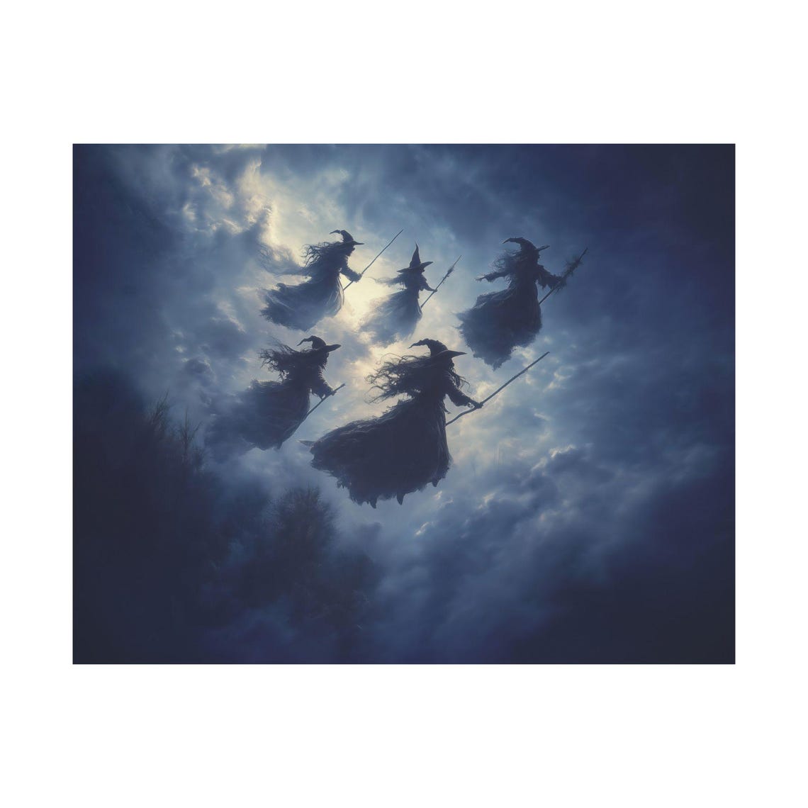 Witches Flying on Broomsticks Under Moonlit Cloudy Sky Poster - Image 3