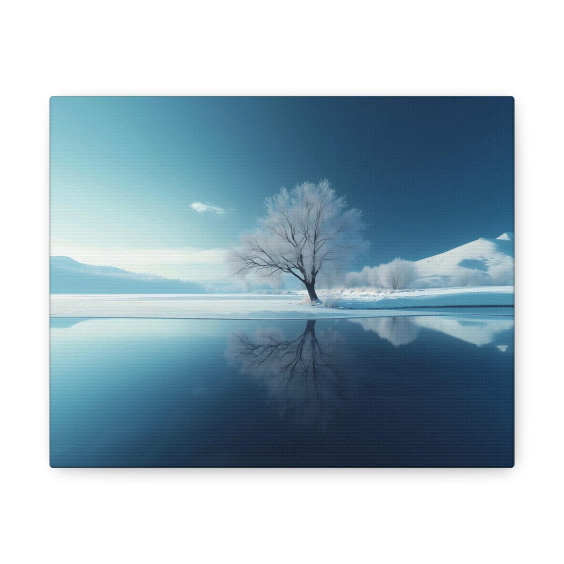 Frosted Tree Reflected In Still Blue Lake Winter Landscape Print - Image 3