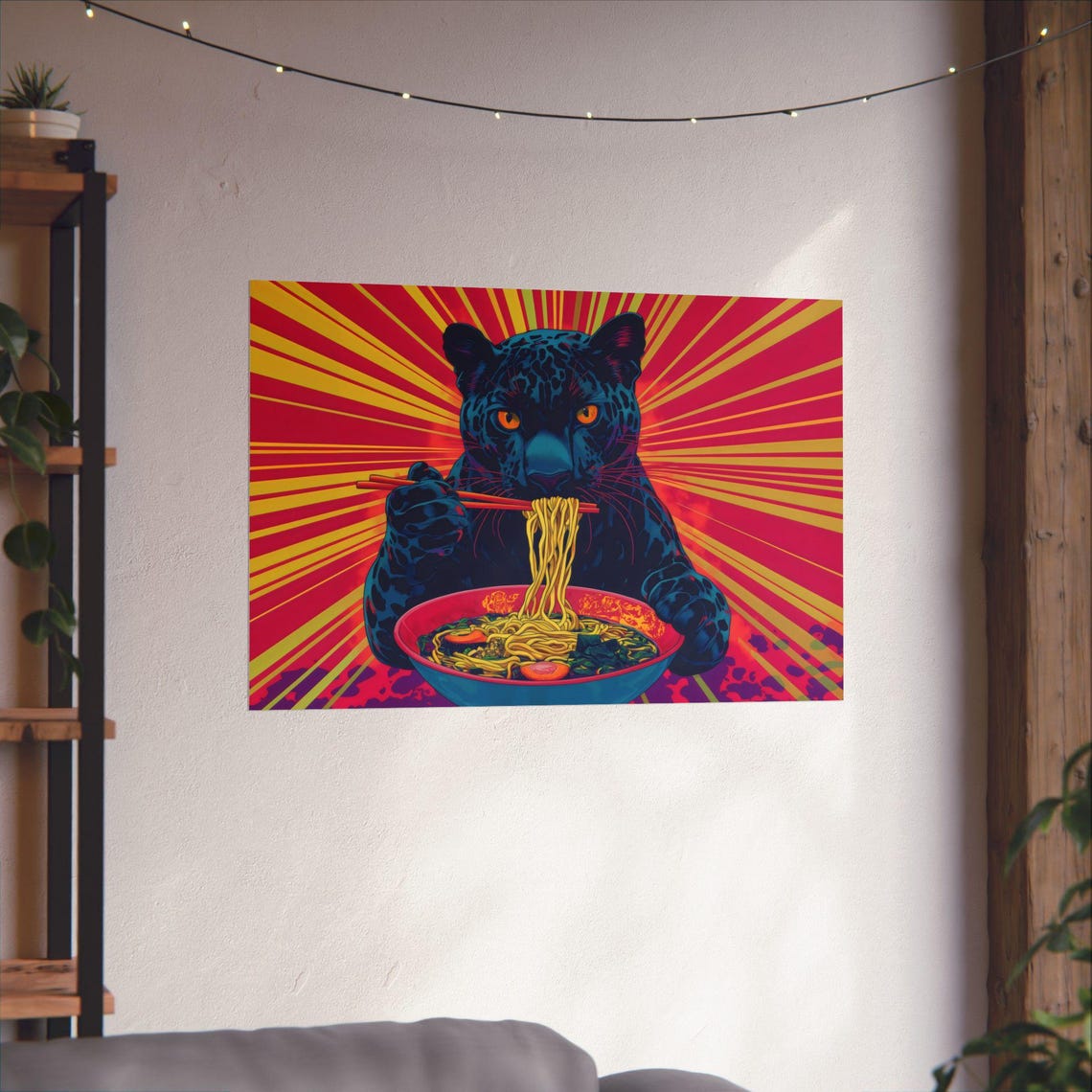 Black Panther Eating Ramen Against a Red Sunburst Pop Poster - Image 2