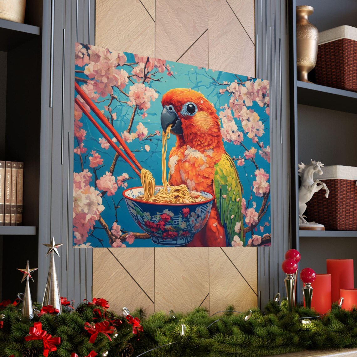 Red Parrot Noodle Bowl Blossom Branch Vibrant Bird Art Wall Print - Image 3