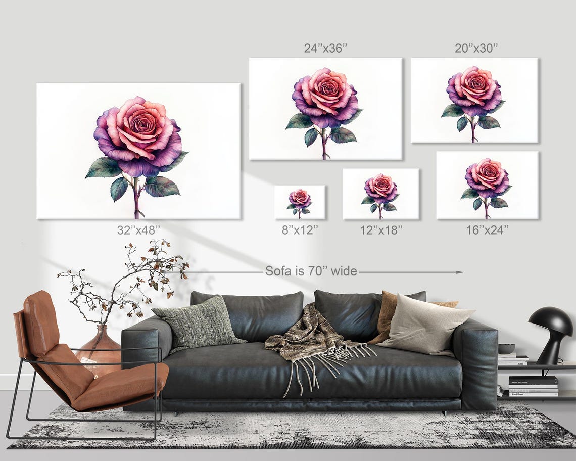 Purple Pink Rose Watercolor Single Stem Minimalist Flower Print - Image 3