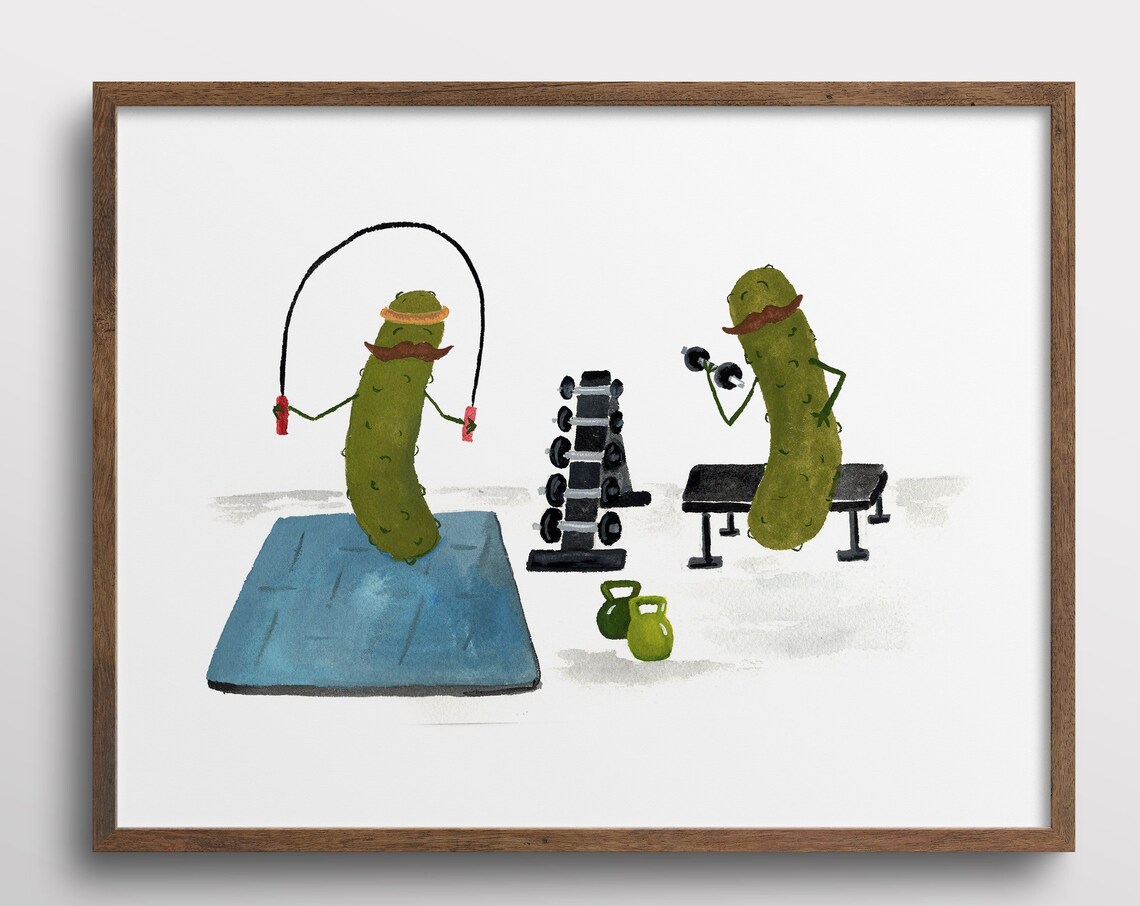 Whimsical Pickles With Mustaches Gym Watercolor Art Print