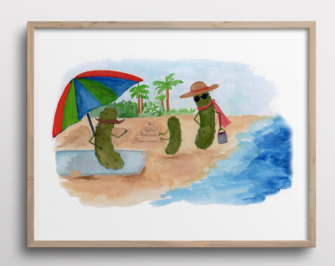 Whimsical Pickles With Mustaches, Beach Watercolor Print