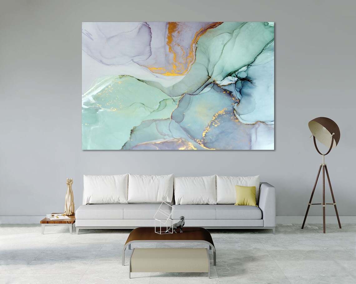 Mint Green Marble Abstract Gold Accents Modern Fluid Wall Art Poster