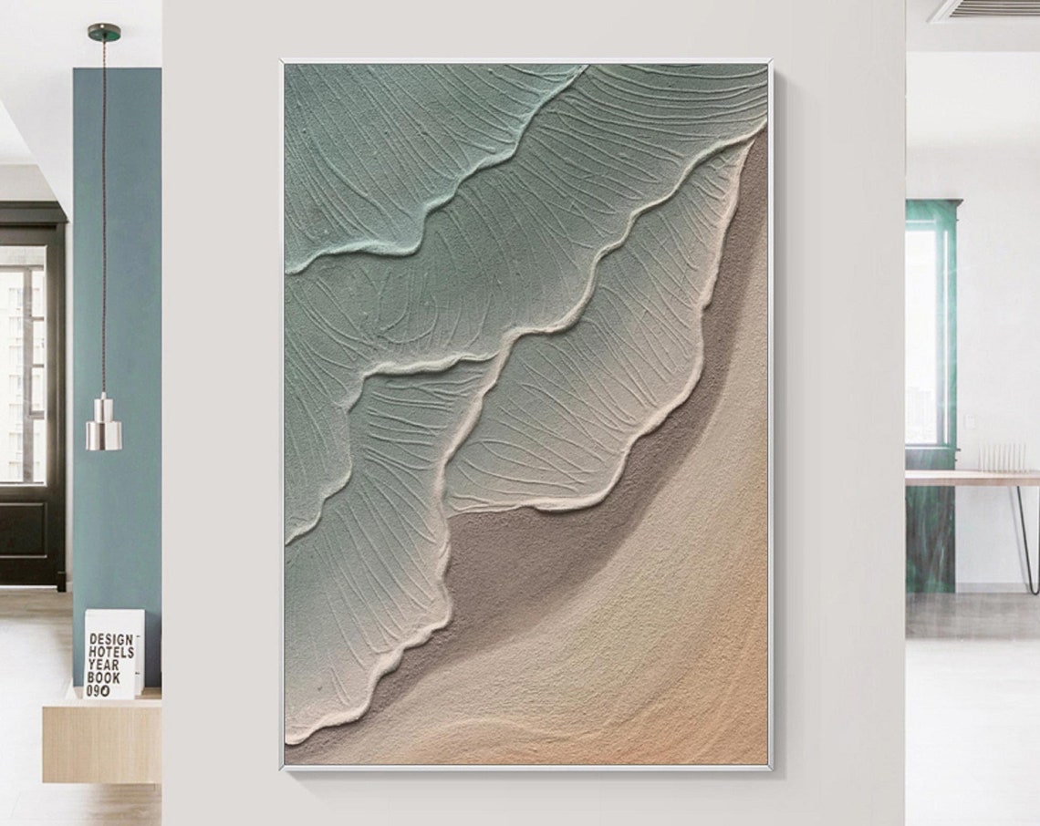 Soft Sage Green Ocean Waves on Sand Beige 3D Texture Art Poster - Image 3