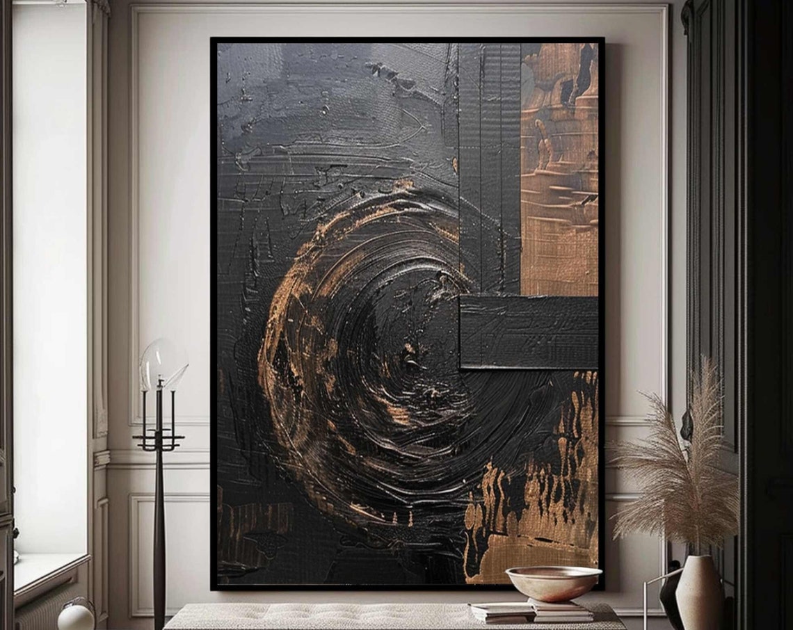 Black and Bronze Swirling Textured Large Abstract Artwork Poster