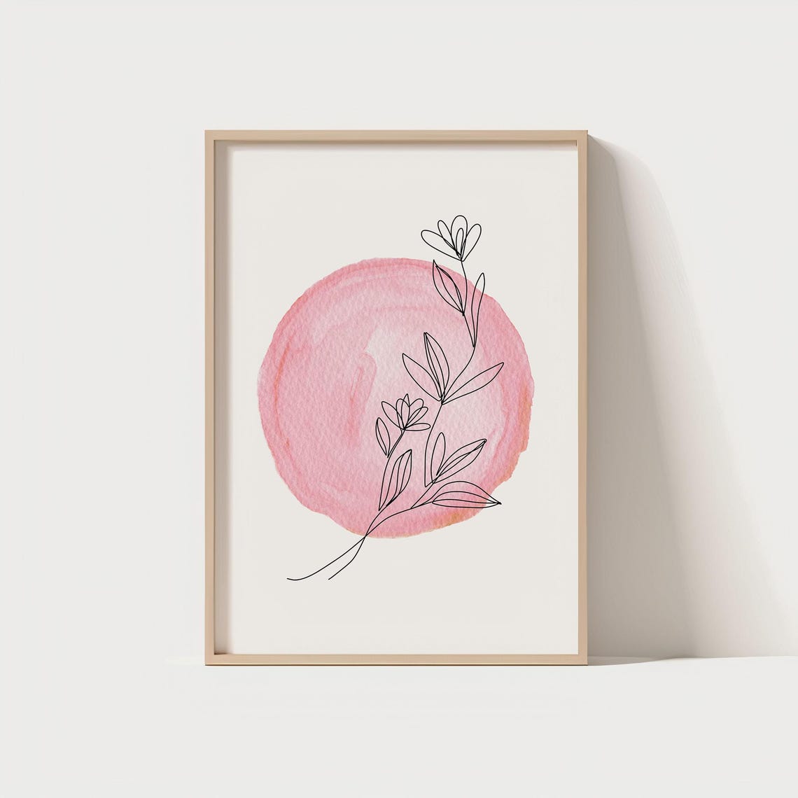 Minimal Botanical Line Art Pink Watercolor Wall Scandinavian Nature Poster Modern Plant Drawing