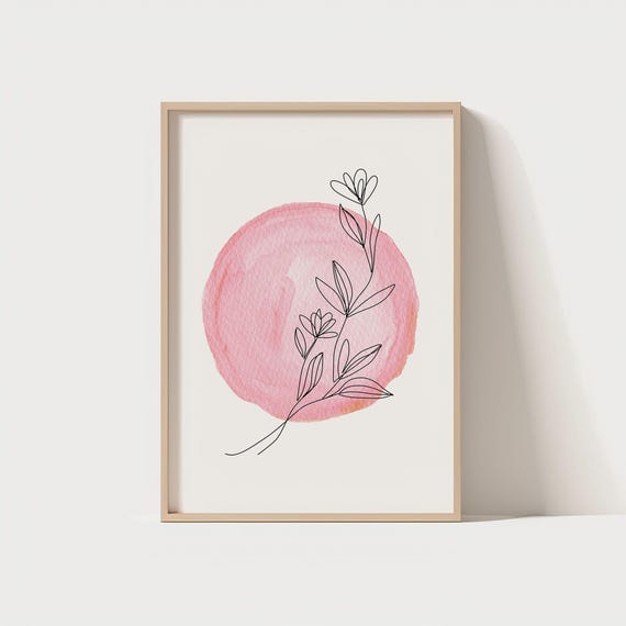 Minimal Botanical Line Art Pink Watercolor Wall Scandinavian Nature Poster Modern Plant Drawing