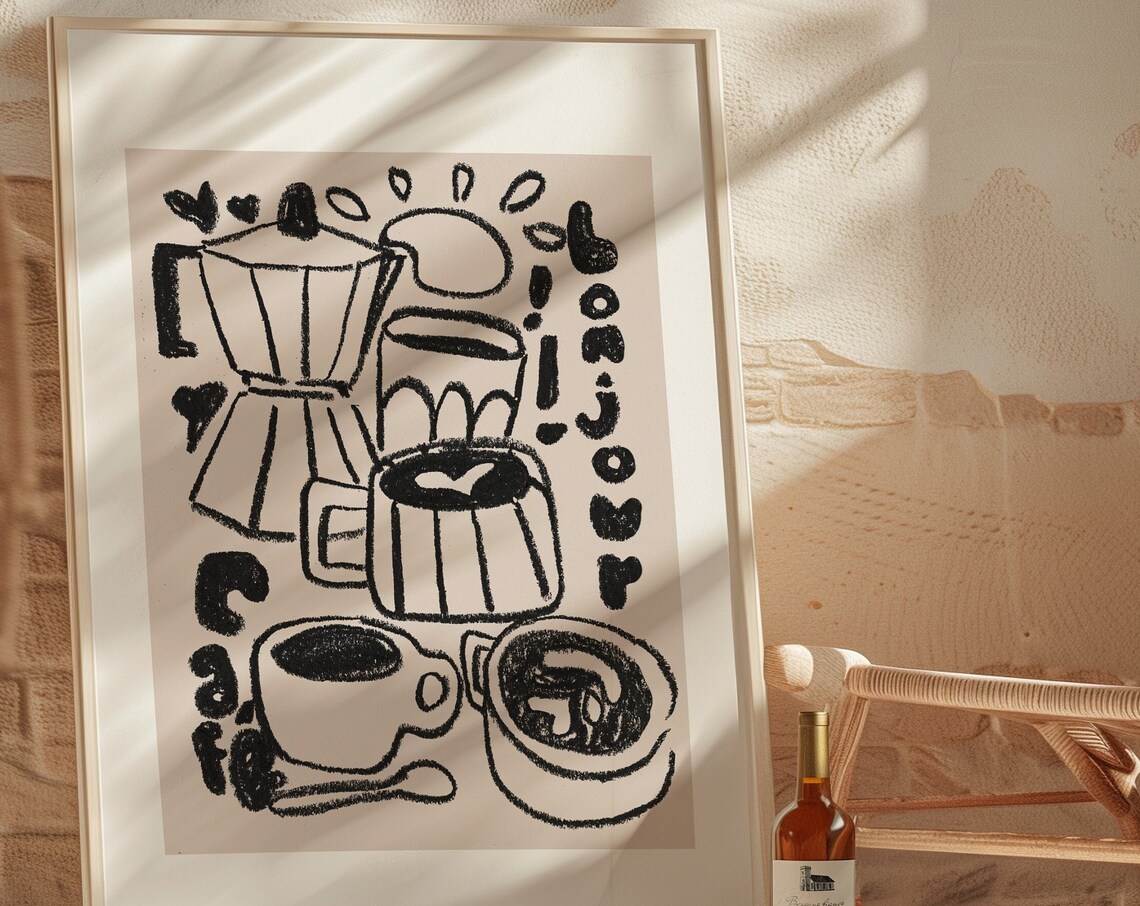 Bonjour Cafe Charcoal Sketch Moka Pot Coffee Cups Kitchen Art Print - Image 4