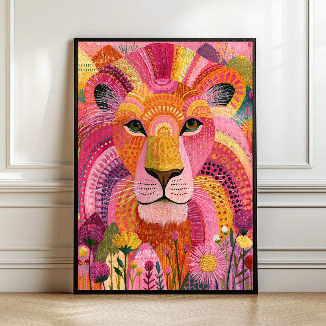 Colorful Lion Folk Painting Art Print, Boho Decor
