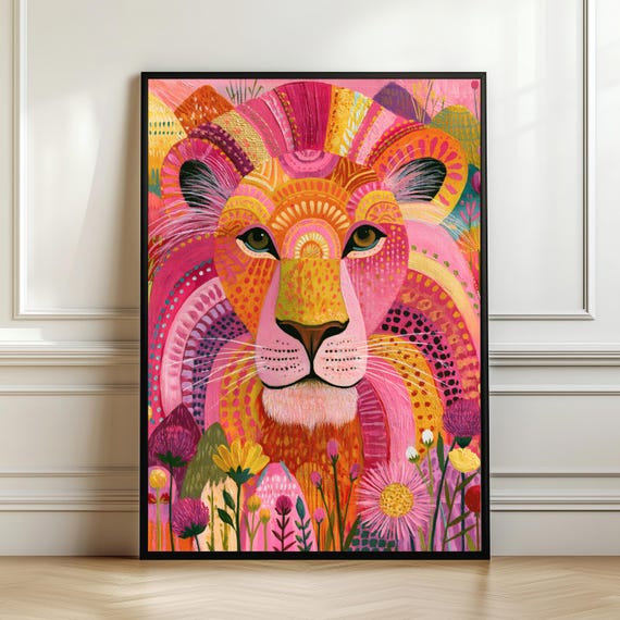 Colorful Lion Folk Painting Art Print, Boho Decor