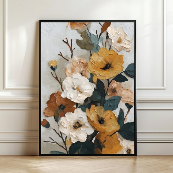Modern Rustic Flower Wall Art Print Elegant Beige Botanical Painting Neutral Floral Decor Warm Earth Tone Artwork Luxury Nature Gift