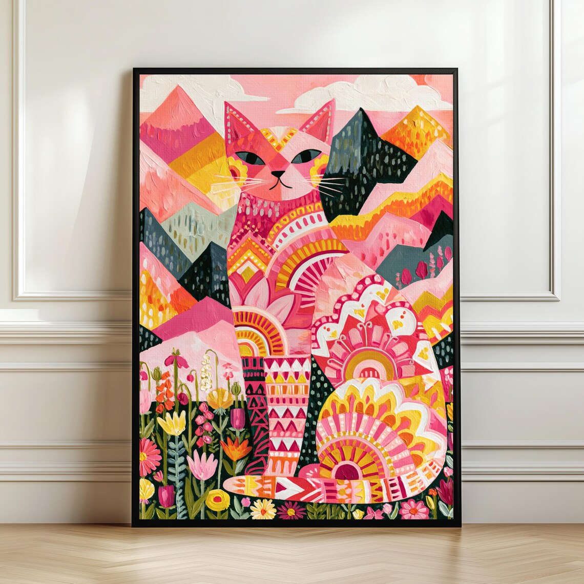 Whimsical Folk Art Cat Abstract Mountain Landscape Art Print