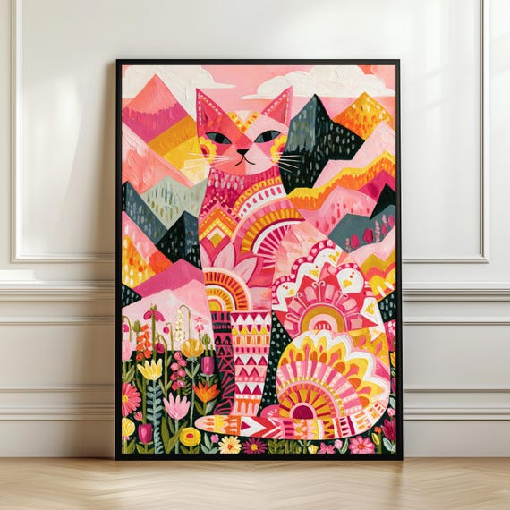 Whimsical Folk Art Cat Abstract Mountain Landscape Art Print