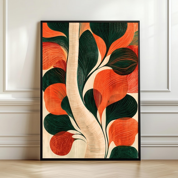 Abstract Botanical Leaves Orange Green Cream Modern Nature Art Poster