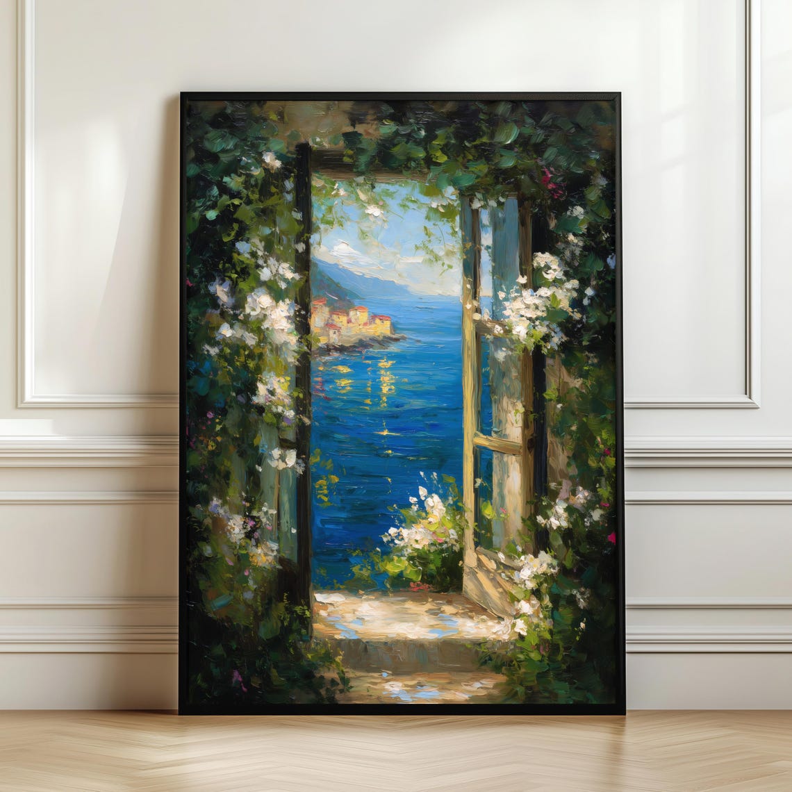 Open Window to Mediterranean Sea Coastal Village Romantic View Poster
