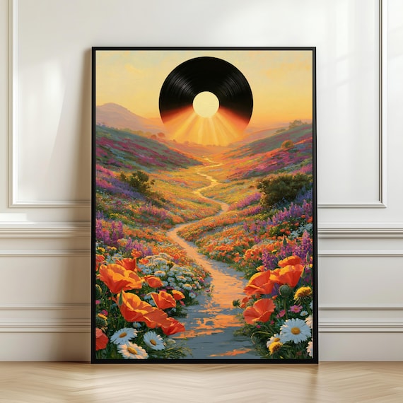 Vinyl Meadow Wall Art Wildflower Sunset Print Dreamy Music Landscape Retro Record Decor Lover Gift Digital Download