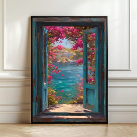 Mediterranean Window Wall Art Print Bougainvillea Coastal View Poster Island Seaside Landscape Romantic Decor Digital Download