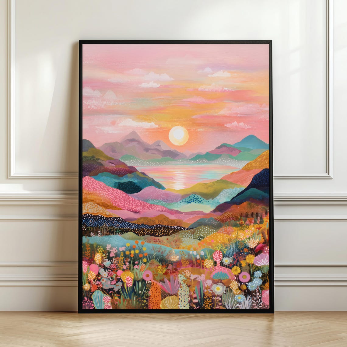 Sunlit Mountain Lake Sunset Wildflower Meadow Landscape Wall Art