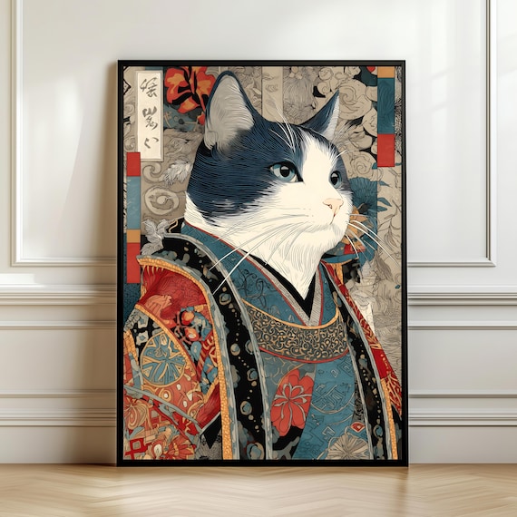 Ukiyoe Samurai Cat Wall Art Japanese Calico Portrait Traditional Kimono Print Vintage Asian Decor Elegant Feline Digital Download