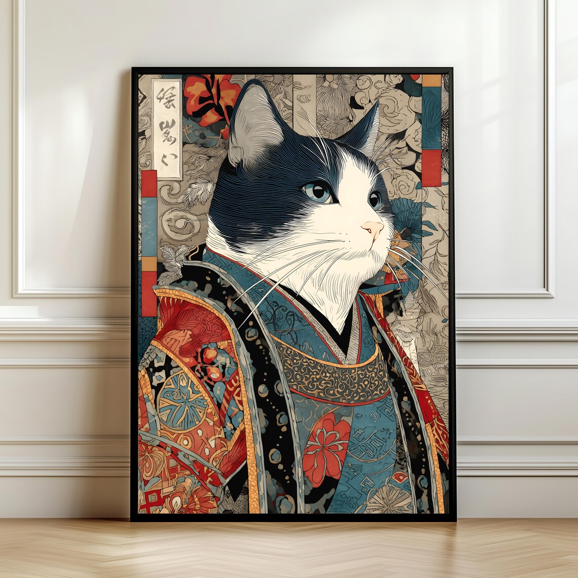 Ukiyoe Samurai Cat Japanese Calico Kimono Traditional Portrait Poster