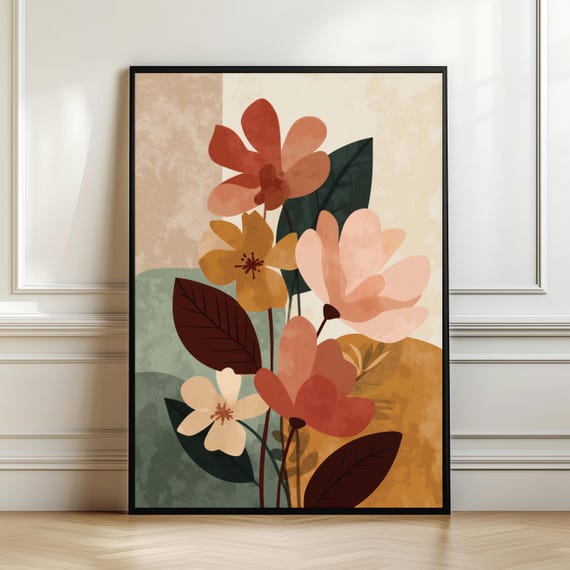Boho Floral Wall Art Print Warm Neutral Flower Poster Modern Botanical Abstract Scandinavian Decor Gift Digital Download