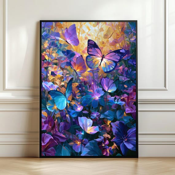 Enchanted Butterfly Garden Wall Art Magical Floral Meadow Print Dreamy Decor Fantasy Flower Artwork Digital Download