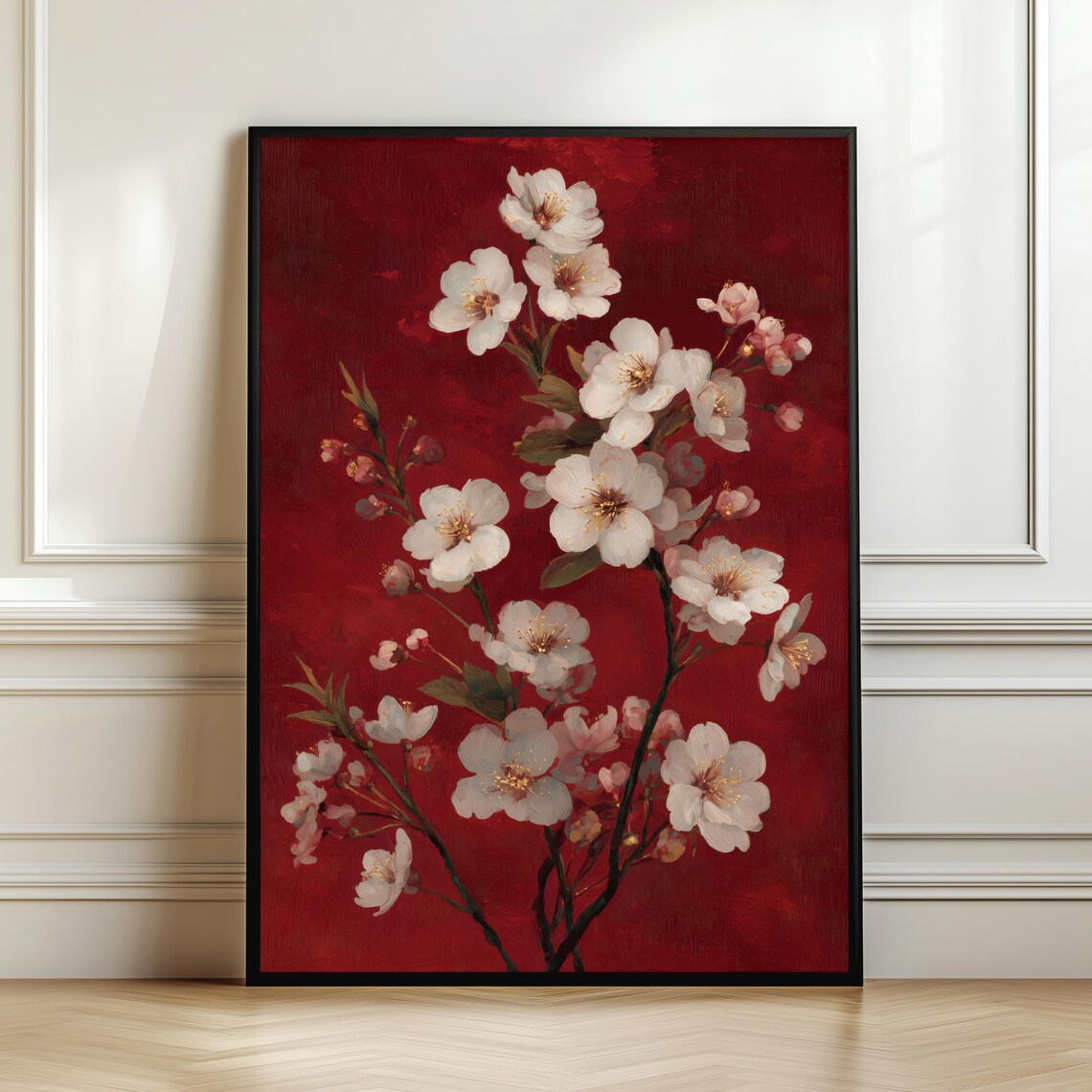 White Cherry Blossoms On Red Background Bold Floral Art Poster