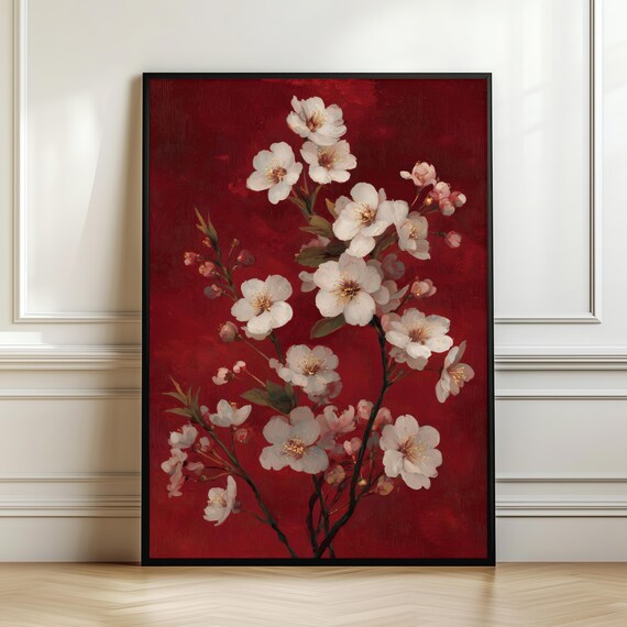 White Cherry Blossoms On Red Background Bold Floral Art Poster