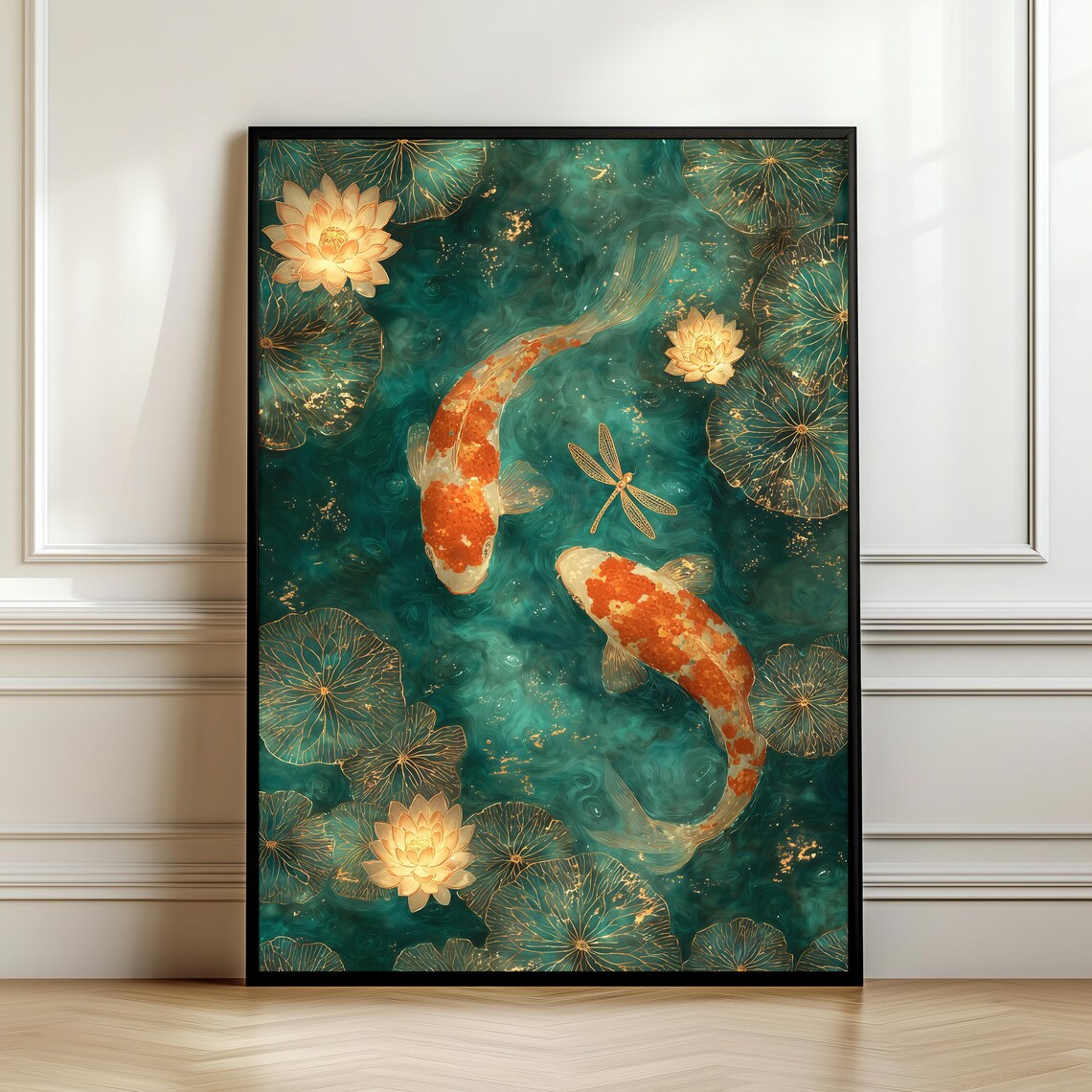 Golden Lotus Koi Fish Pond Art Print, Zen Decor