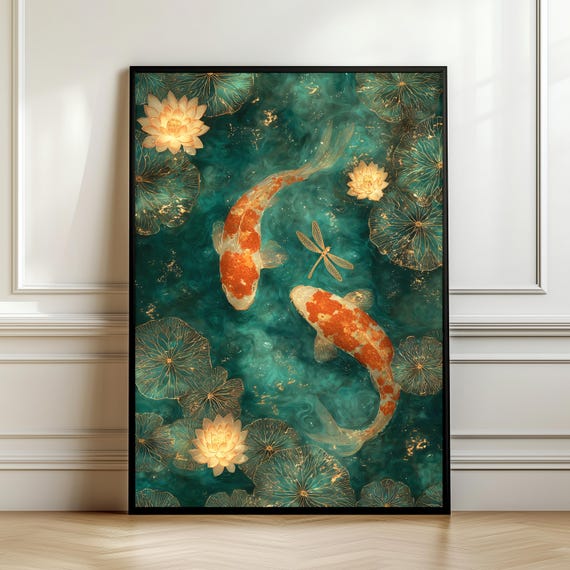 Golden Lotus Koi Fish Pond Art Print, Zen Decor
