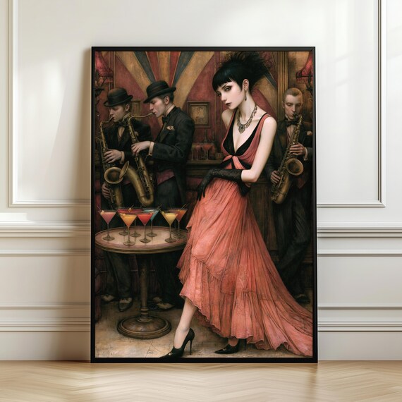 Vintage Jazz Lounge Wall Art Speakeasy Cocktail Print Gothic Flapper Decor Saxophone Music Poster Roaring 20s Gift Digital Download