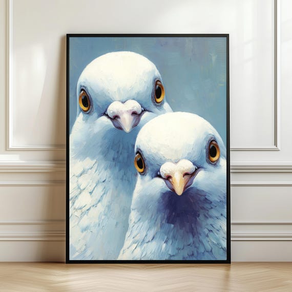 Whimsical White Pigeons Art Print Cute Bird Couple Poster Soft Aesthetic Wall Quirky Decor Romantic Animal Digital Download