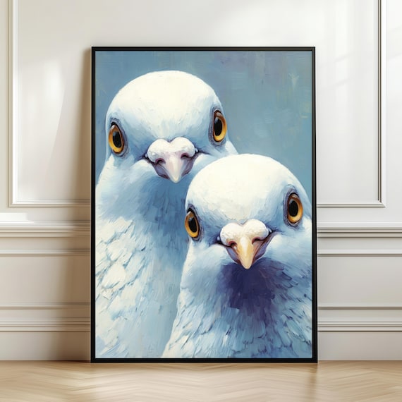 White Dove Couple Funny Close Up Quirky Bird Portrait Artwork Poster