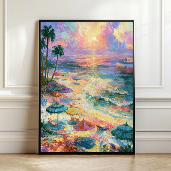 Pastel Tropical Beach Wall Art Colorful Coastal Sunset Print Dreamy Ocean Landscape Decor Vibrant Seaside Artwork Gift Digital Download