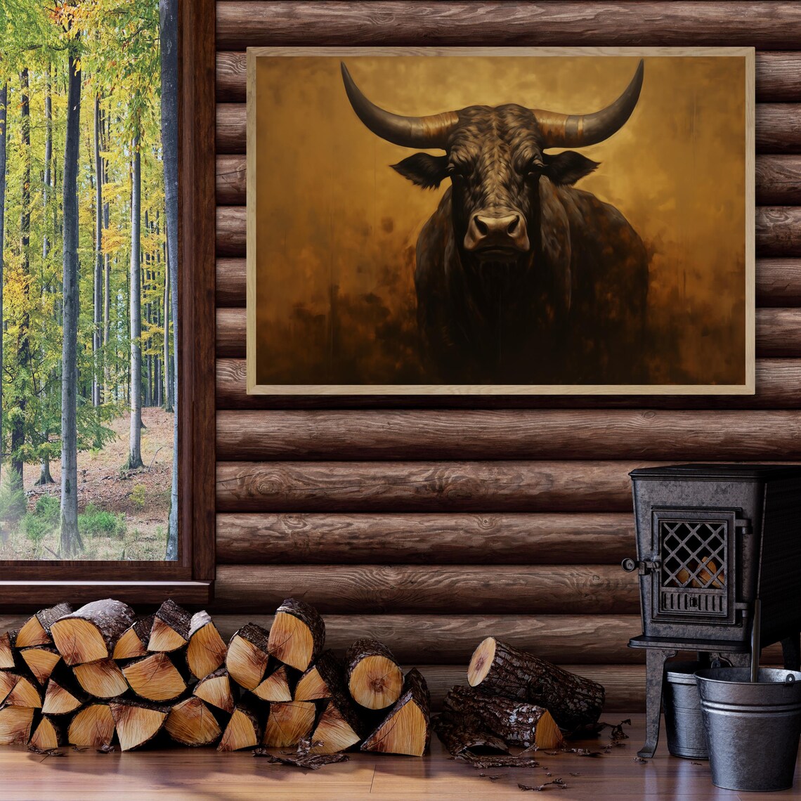 Majestic Longhorn Bull Portrait Poster with Rustic Golden Background - Image 5