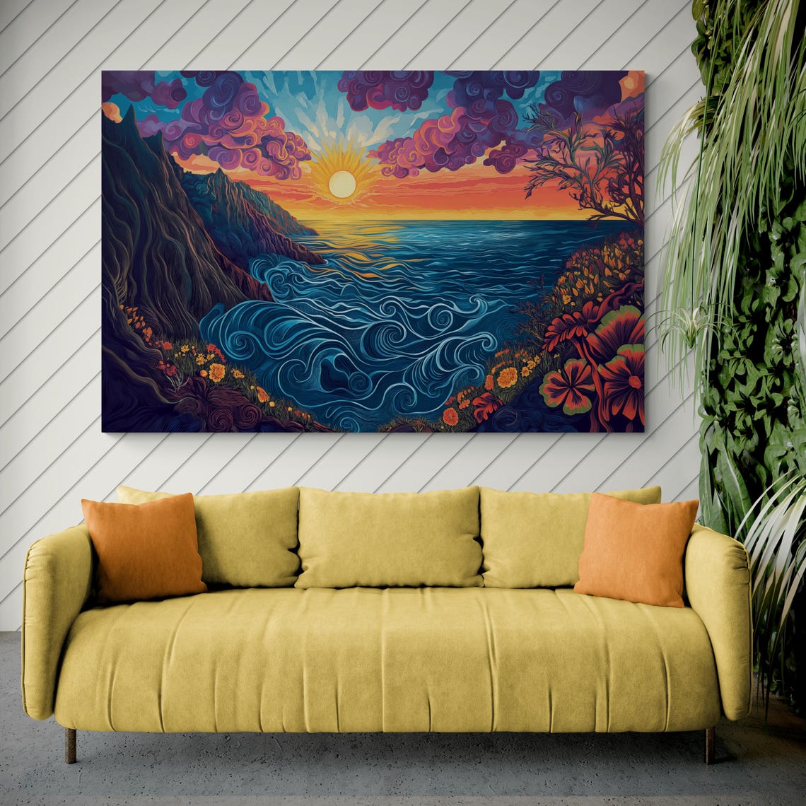Psychedelic Sunset Coast with Swirling Waves and Flowers Poster - Image 2