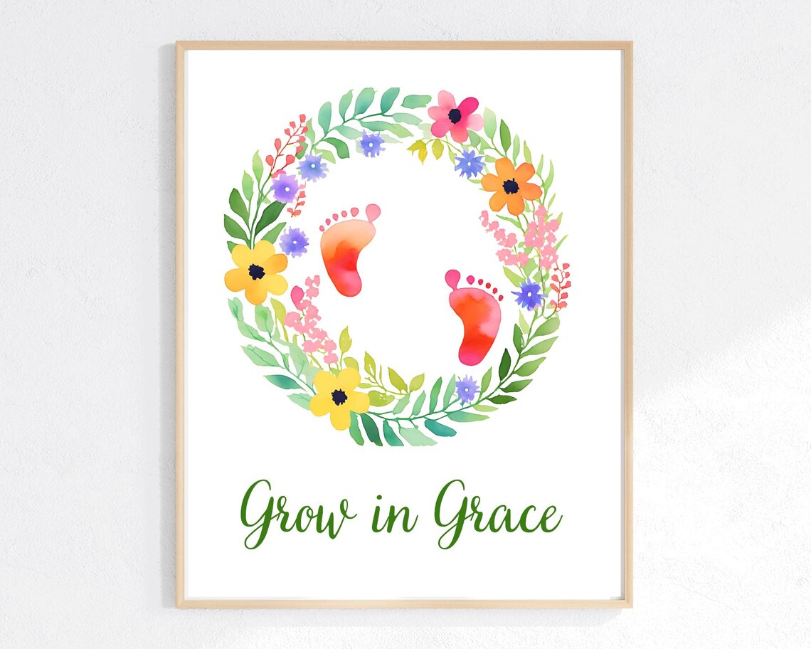 Grow in Grace Baby Footprint Watercolor Nursery Quote Poster