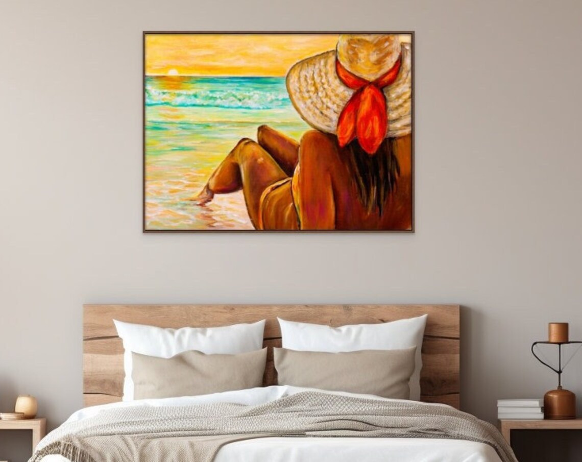 Woman Watching Sunset Beach Golden Hour Straw Hat Ocean Poster - Image 3