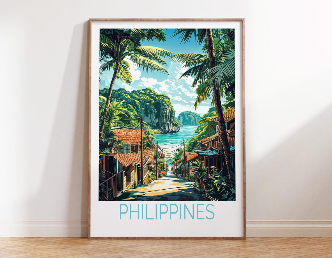 Philippines Tropical Beach Village Street with Palm Trees Poster