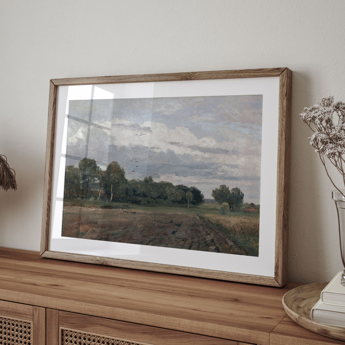 Plowed Field With Birds Under Cloudy Sky Vintage Farm Landscape Poster - Image 4