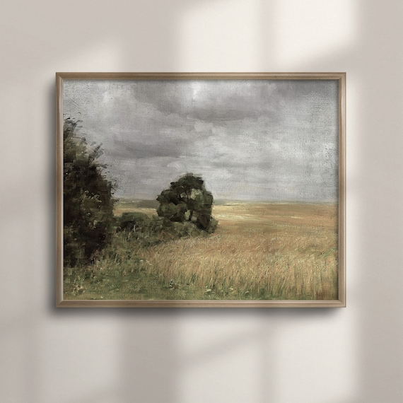 Stormy Sky Golden Wheat Field Vintage Landscape Painting Poster