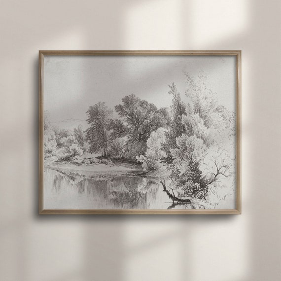 Antique Landscape Art Print Riverside Drawing Vintage Sketch Unique Wall Decor Collectible Art Prints C16 526