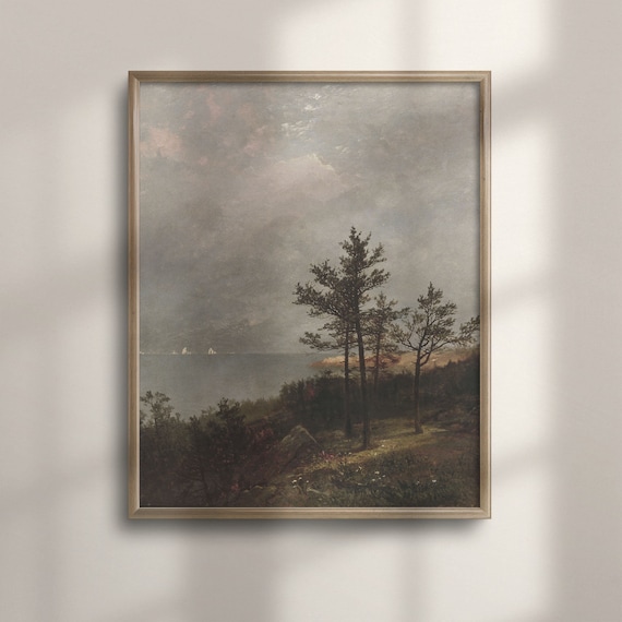 Moody Vintage Seascape Pine Trees on a Cliff and Sailboats Art Poster