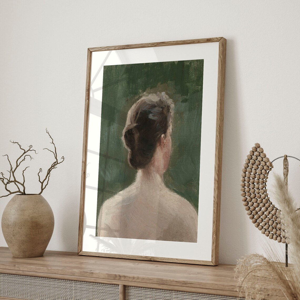 Vintage Woman Back View Bun Hairstyle Moody Green Oil Painting Poster - Image 4